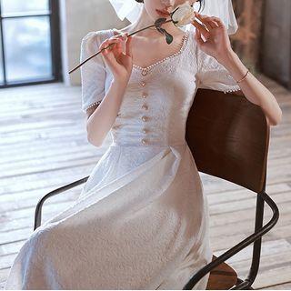 Short-sleeve Lace Trim Faux Pearl A-line Dress
