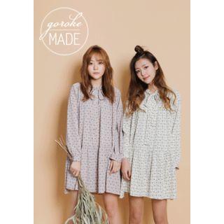 Tie-neck Tiered Floral Chiffon Mini Dress