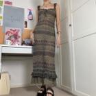 Sleeveless Ruffled-trim Printed Layered Maxi Dress