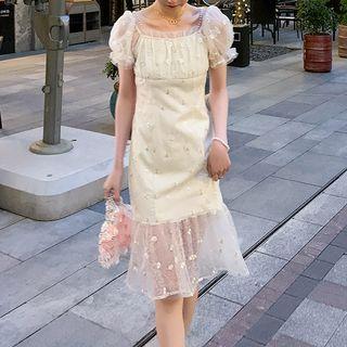 Off-shoulder Faux Pearl Panel Lace Mesh Floral Dress