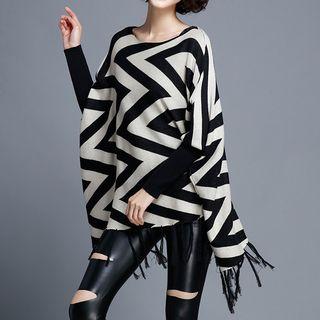 Zigzag Fringed Long Sweater Black - One Size