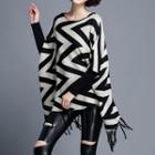 Zigzag Fringed Long Sweater Black - One Size