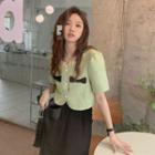 Short-sleeve Ruffled Bow Blazer / Midi A-line Skirt