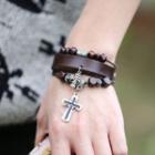 Cross Beaded Genuine Leather Layered Bracelet