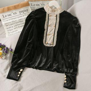 Lace-panel Ruffled Velvet Blouse Black - One Size