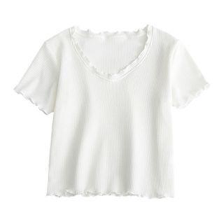 Plain Lettuce Edge Short-sleeve Cropped T-shirt