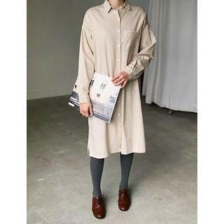 Set: V-neck Knit Vest + Striped Long Shirtdress