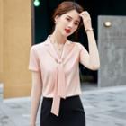 Short-sleeve Mock-tie Blouse / Mini Pencil Skirt / Set