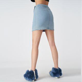 High-waist Washed Denim Split A-line Mini Skirt