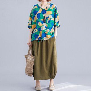Elbow-sleeve Pattern Top / Midi Skirt