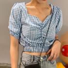 Short-sleeve Crinkled Plaid Top Blue - One Size