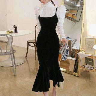 Set: Bow Accent Blouse + Pleuche Strappy Midi Mermaid Sheath Dress