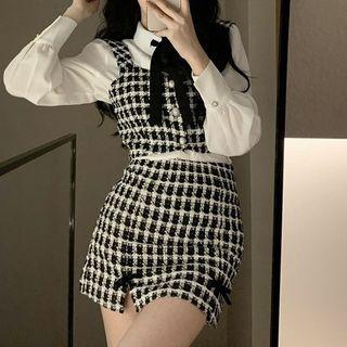 Plain Shirt / Houndstooth Camisole Top / Mini Pencil Skirt / Midi Coat