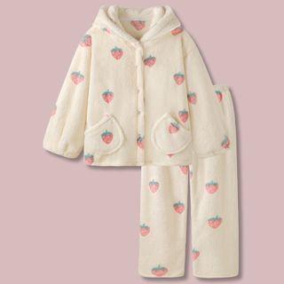 Strawberry Coral Fleece Cardigan Loungewear / Set