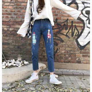 Printed Cropped Straight-cut Jeans