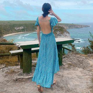 Floral Print Open-back Short-sleeve Maxi Sundress