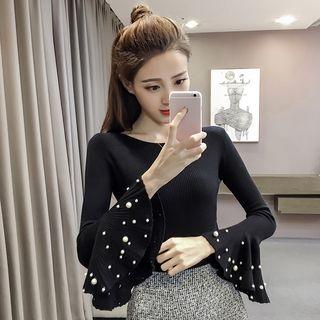 Bell-sleeve Long-sleeved Crewneck Plain Slim Top