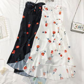 Dip-back Ruffled-trim Printed Tube Dress