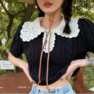 Short-sleeve Collar Knit Crop Top Black - One Size