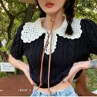 Short-sleeve Collar Knit Crop Top Black - One Size