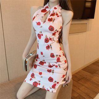 Sleeveless Rose Print Keyhole Mini Qipao Dress