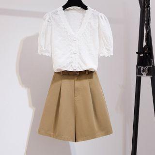 Short-sleeve Lace Blouse / Wide-leg Shorts / Set