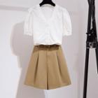 Short-sleeve Lace Blouse / Wide-leg Shorts / Set