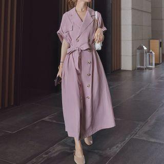 Elbow-sleeve Double-breasted Midi Blazer Dress