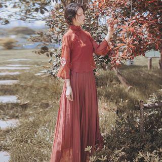 Traditional Chinese 3/4-sleeve Top / Spaghetti Strap Top / A-line Maxi Skirt / Set