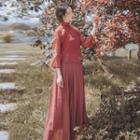 Traditional Chinese 3/4-sleeve Top / Spaghetti Strap Top / A-line Maxi Skirt / Set