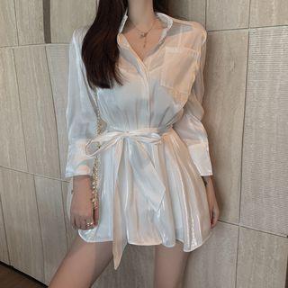 Set: Plain Shirt With Sash + Shorts Shirt - White - One Size / Shorts - White - One Size