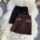 Faux-leather Pocket Woolen Mini Skirt