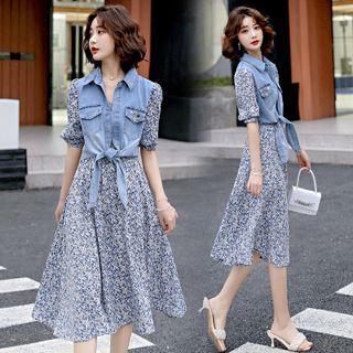 Short Sleeve Mock Two Piece Denim Panel Floral A-line Dress