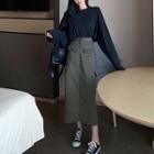 Oversized Long-sleeve T-shirt / Pocketed High-waist Skirt