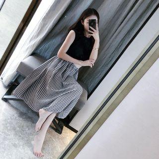 Set: Crew-neck Sleeveless Swim Top + Swim Bottom + Plaid Midi Skirt