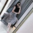 Set: Crew-neck Sleeveless Swim Top + Swim Bottom + Plaid Midi Skirt