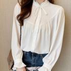 Long-sleeve Mock-neck Bow Chiffon Blouse
