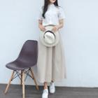 Mandarin Collar Short-sleeve Blouse / High Waist Midi A-line Skirt