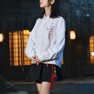 Printed Tassel-detail Lace-hem Shirt