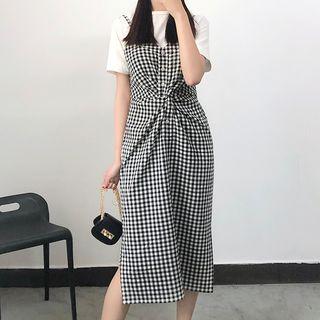 Spaghetti-strap Gingham Twisted Midi Dress