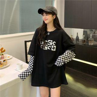 Mock Two-piece Long-sleeve Checkerboard Print T-shirt Black - One Size