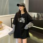 Mock Two-piece Long-sleeve Checkerboard Print T-shirt Black - One Size