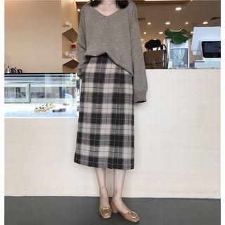 V-neck Long-sleeve Long Knit Top Coffee - One Size