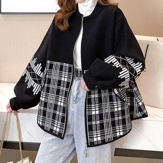Plaid Panel Zip Cardigan Black - One Size