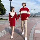 Couple Matching Sailor Collar Knit A-line Dress / Striped Sweater