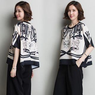 Flower Print Elbow-sleeve Midi Chiffon Dress