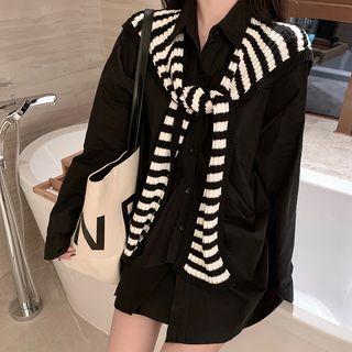 Long-sleeve Asymmetric Shirt / Stripped Knit Scarf