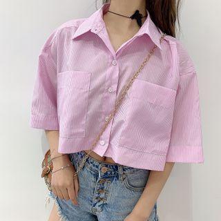 Striped Elbow-sleeve Cropped Shirt