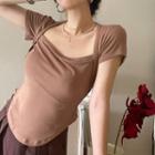 Short-sleeve Scoop Hem Top Light Coffee - One Size