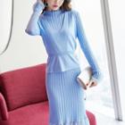 Set: Lace Trim Rib Knit Dress + Knit Vest